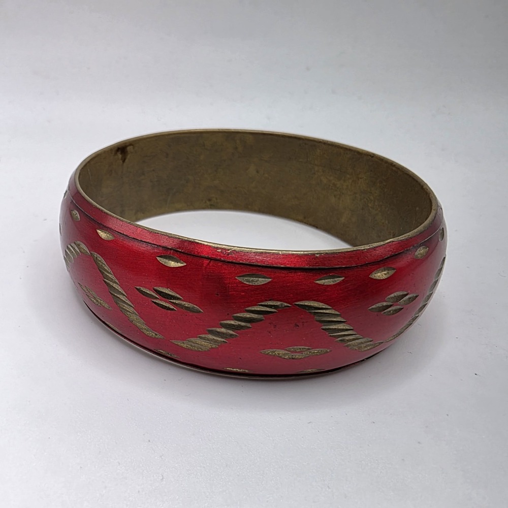 Vintage Bangle Bracelet Brass Red Gold Enamel Flower Floral Etch Sz 8